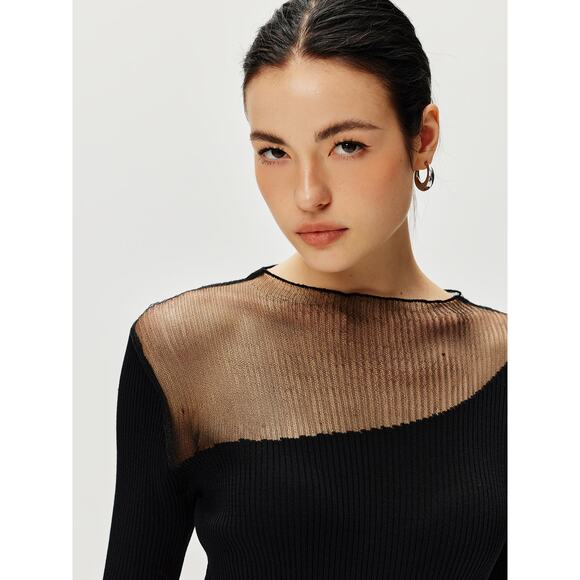Commense Semi Sheer Panel Sweater Minimalist Chic Cozy Stretch Black Dress XS - Picture 5 of 9